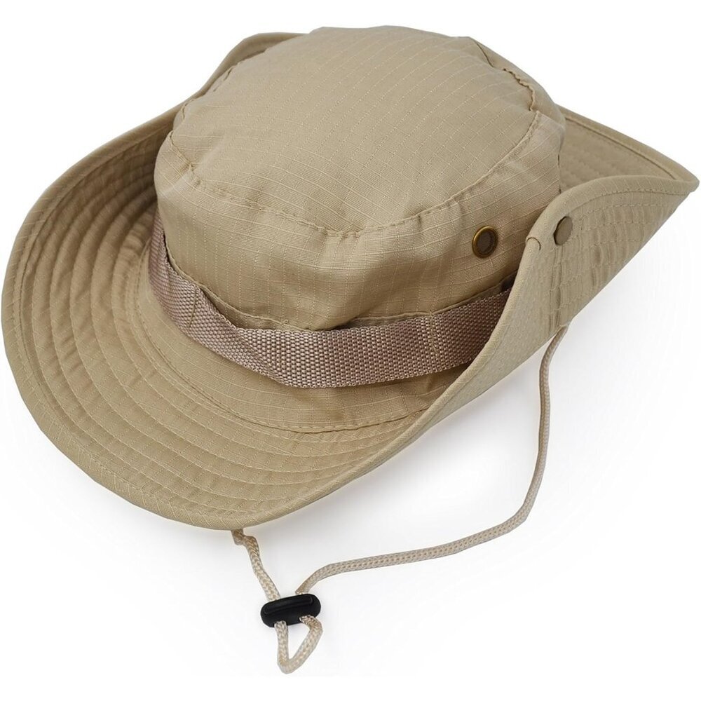 Unisex Khaki 100%Polyester Wide Brim Boonie With Chin Strap Classic Bush Sun Hat